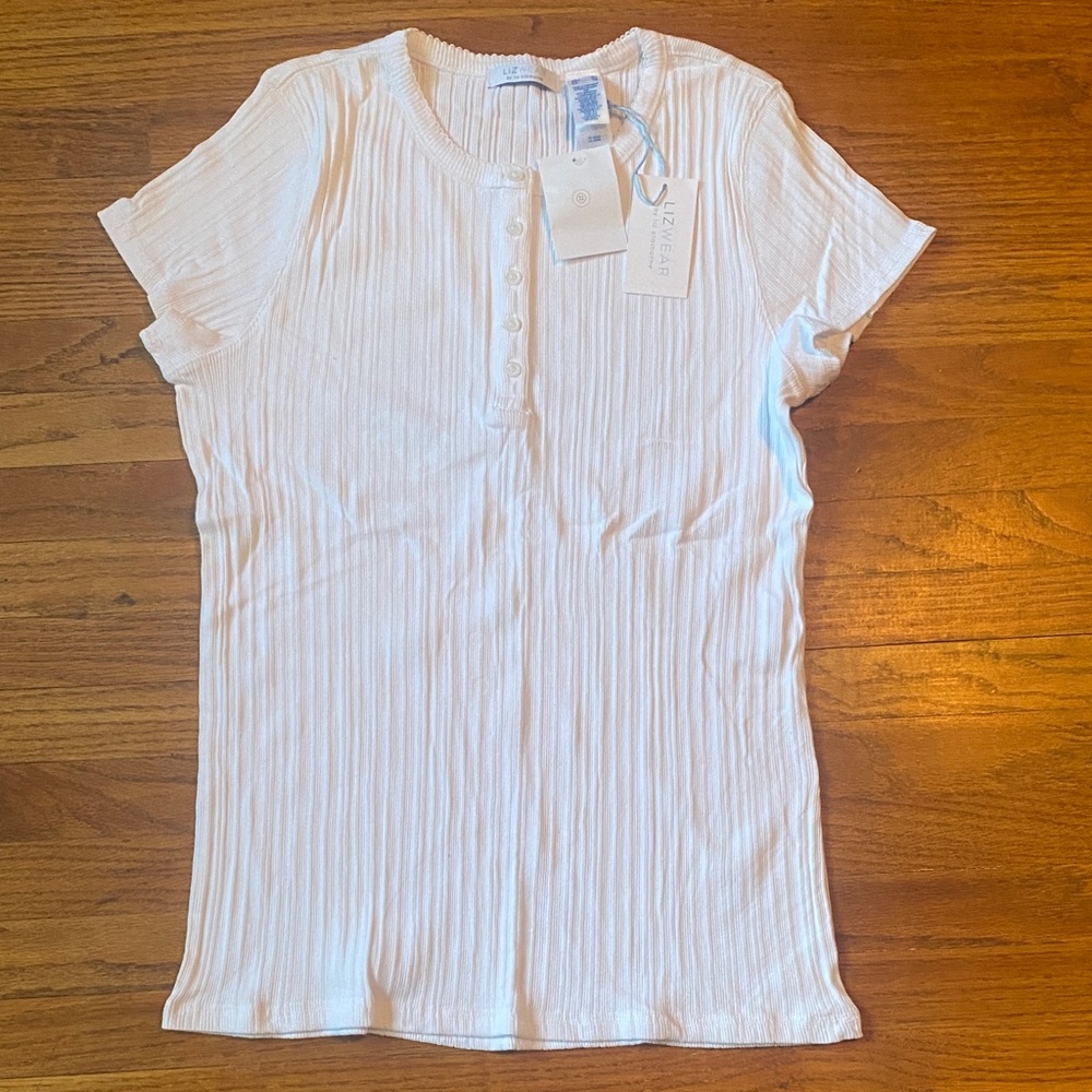LIZ WEAR White Henley Knit Button-Up Women's Top